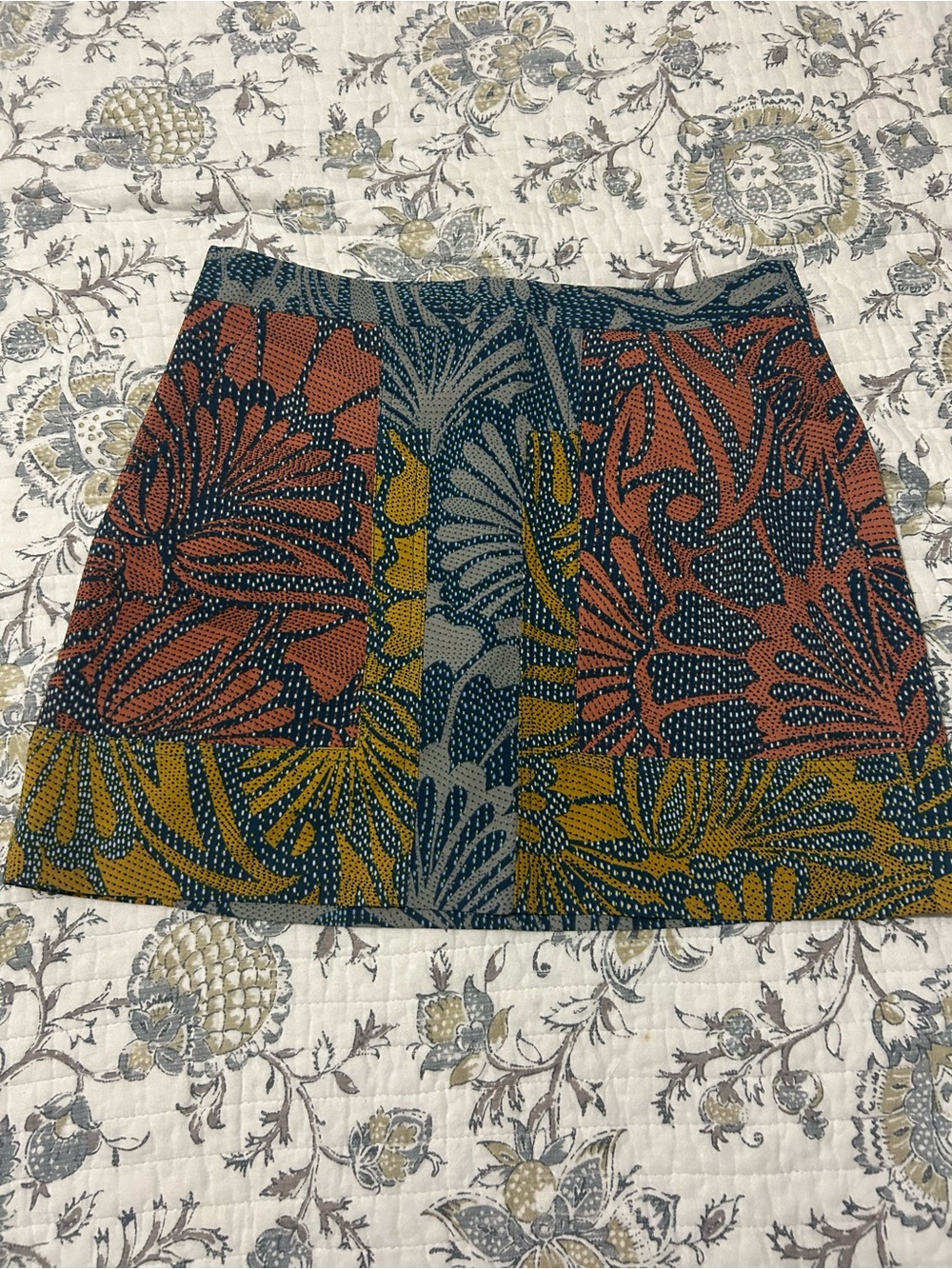 BCBGMaxAzria Patchwork Floral Mini Skirt in Rust, Mustard & Teal